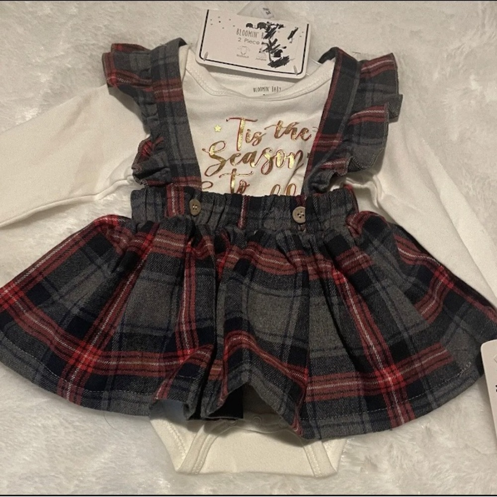 Bloomin’ Baby Bodysuit Ruffle Suspender Plaid Skirt Set HOLIDAY 3-6M Girl NEW